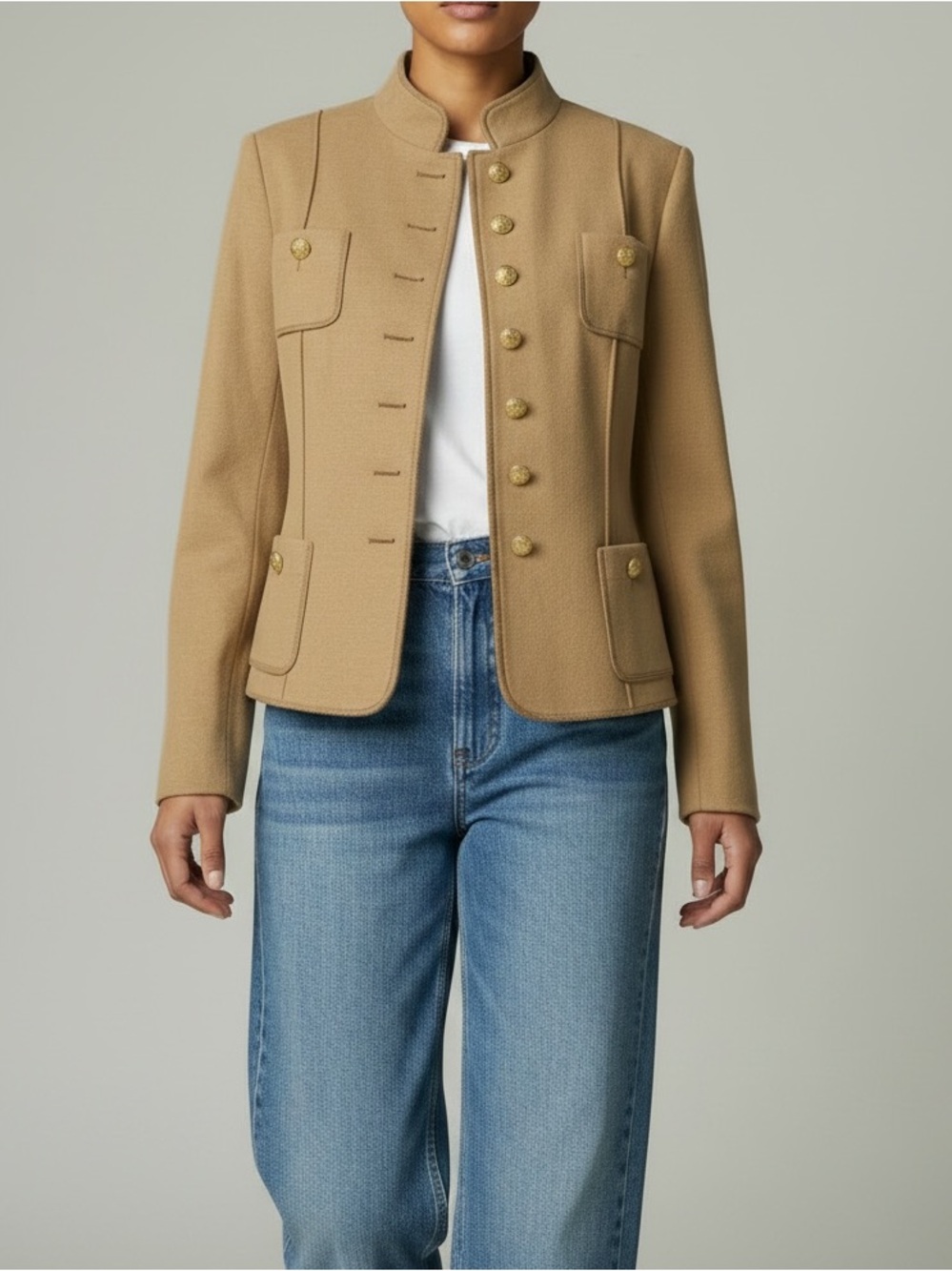 Basler Black Label Stand Collar Wool Jacket In Camel | Size EU 40